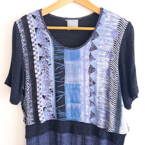 VTG 90s Rabbit Rabbit Rabbit Design Abstract Blue Layered Maxi Dress Size 12M - Picture 3 of 15